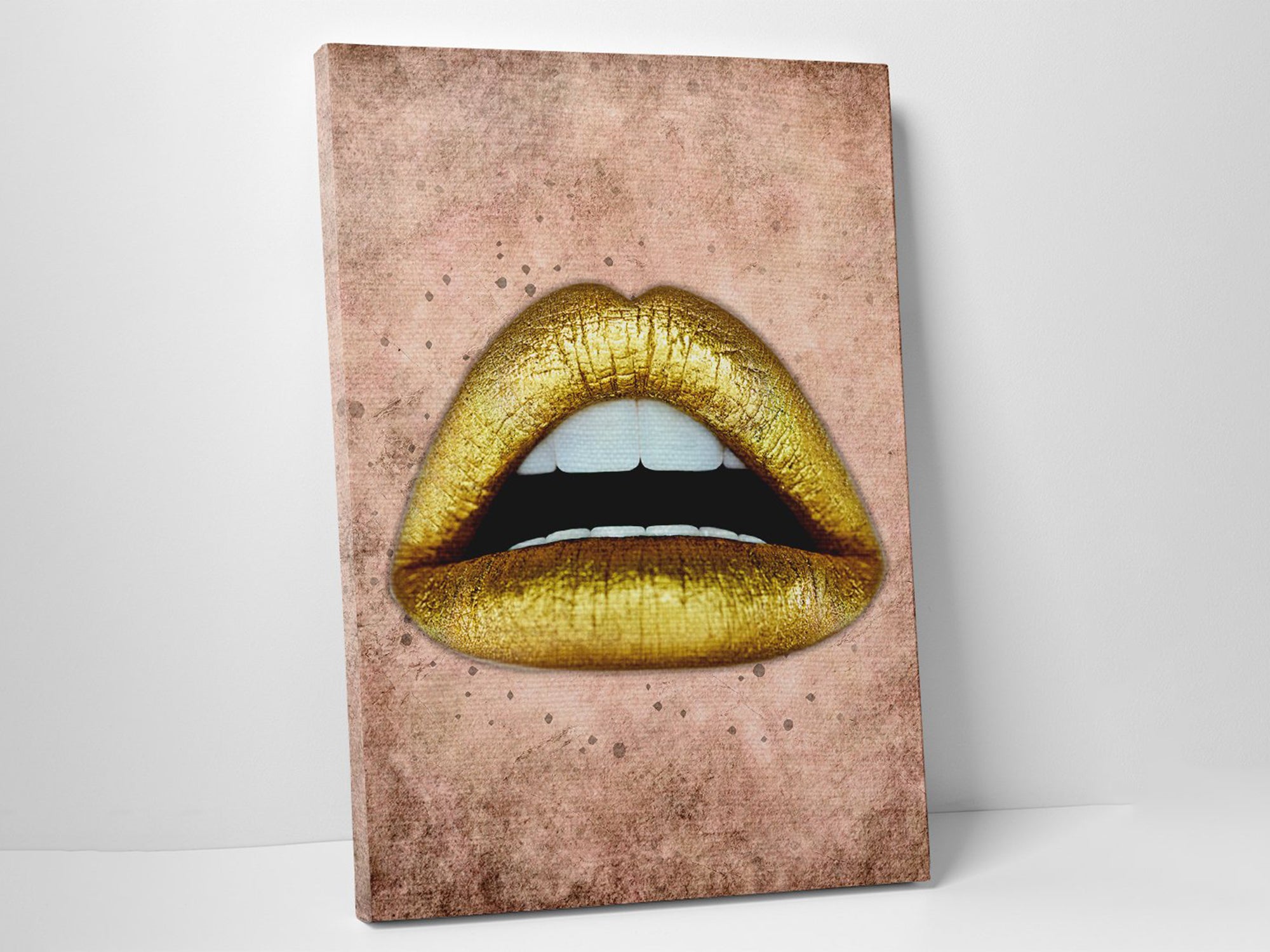 Gold Lips Canvas Wall Art - Above Couch Wall Decor