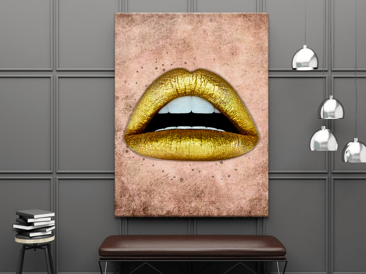 Gold Lips Canvas Wall Art - Above Couch Wall Decor