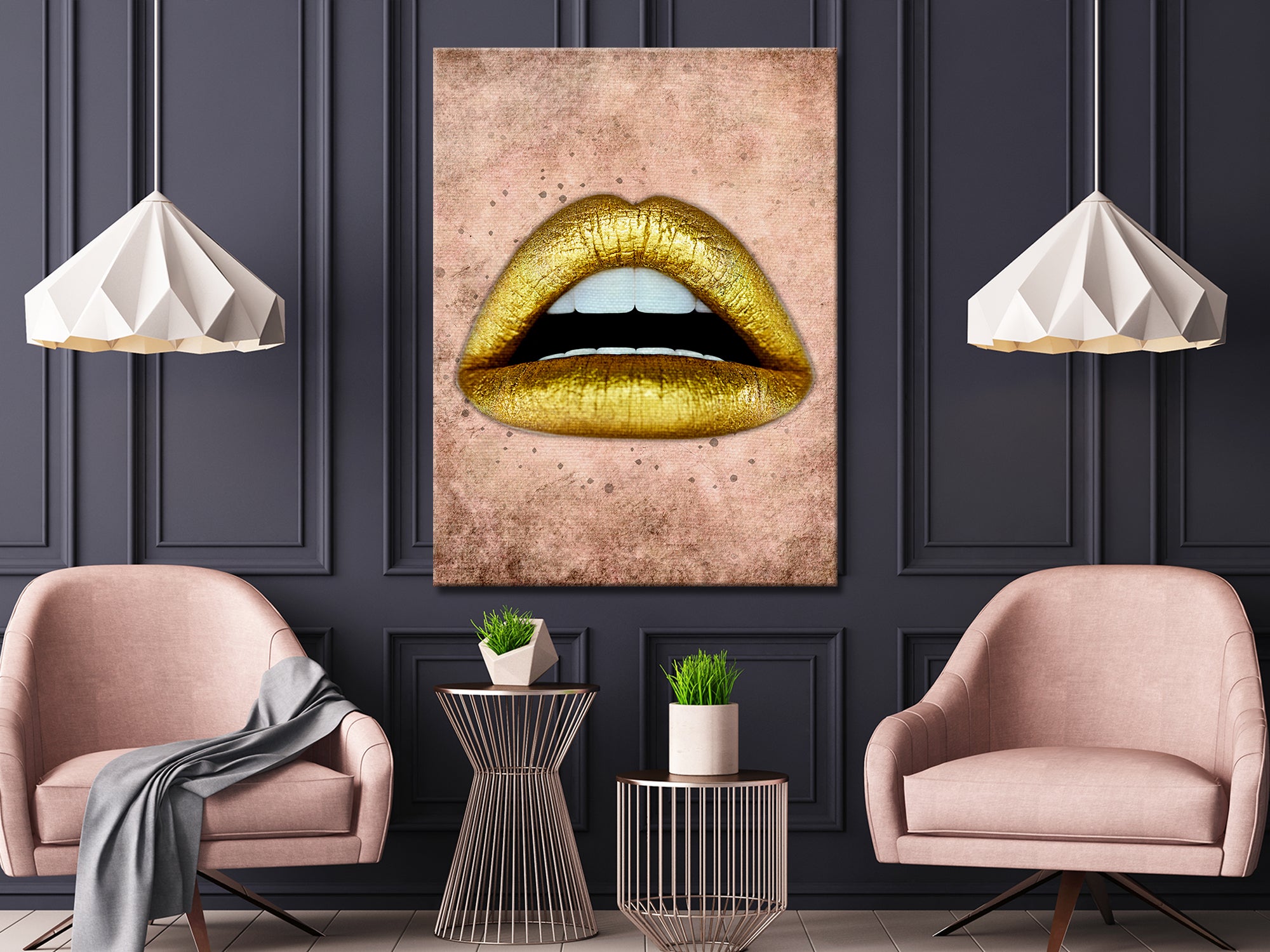 Gold Lips Canvas Wall Art for Living Room - Above Couch Wall Decor 