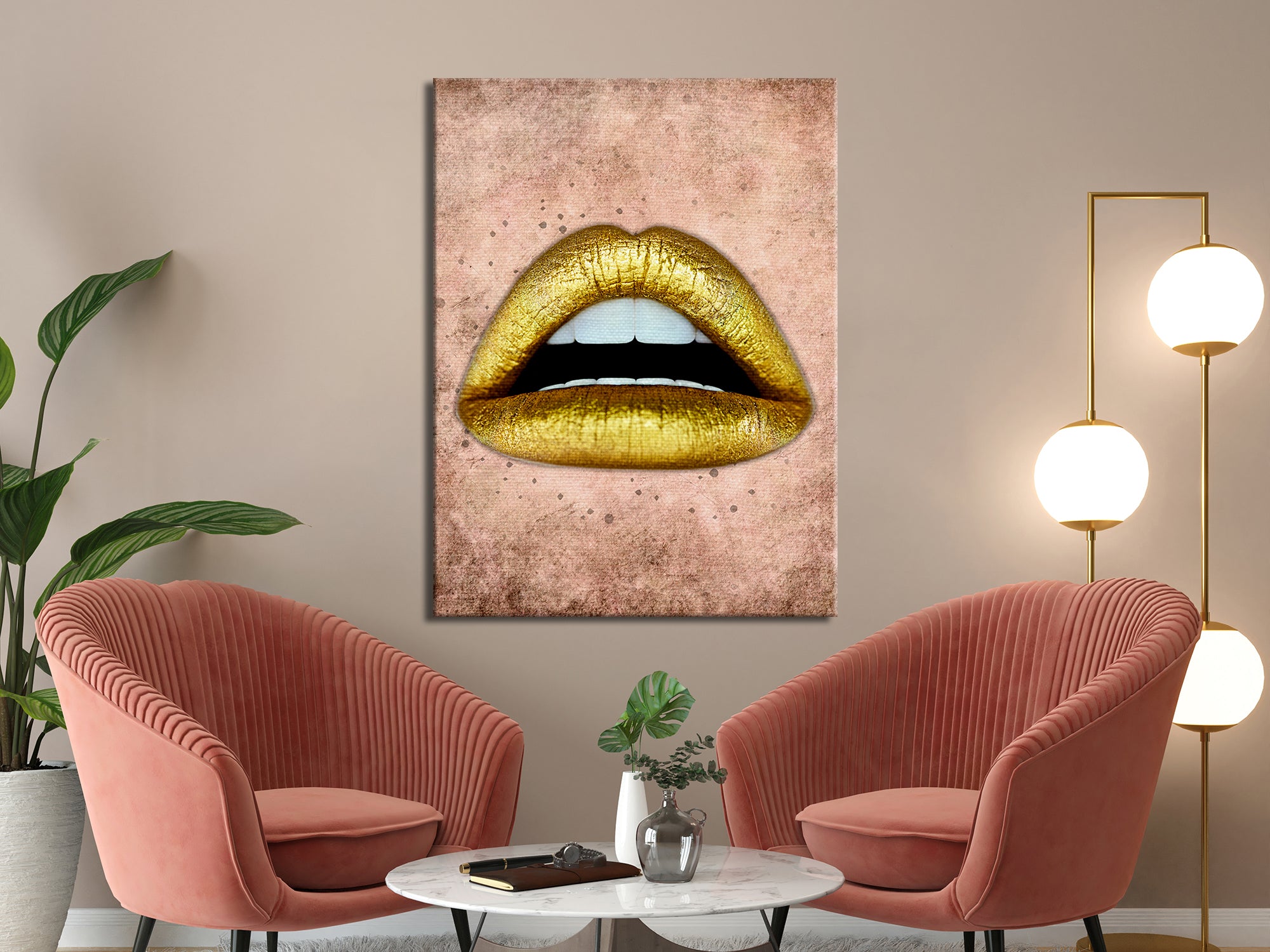 Gold Lips Canvas Wall Art for Living Room - Above Couch Wall Decor 